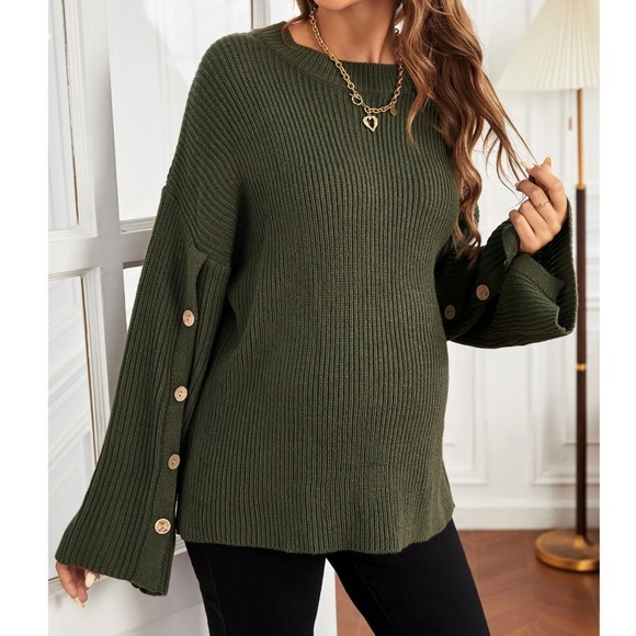 Maternity Green Knit Button Detail Sweater Top - Picture 6 of 7